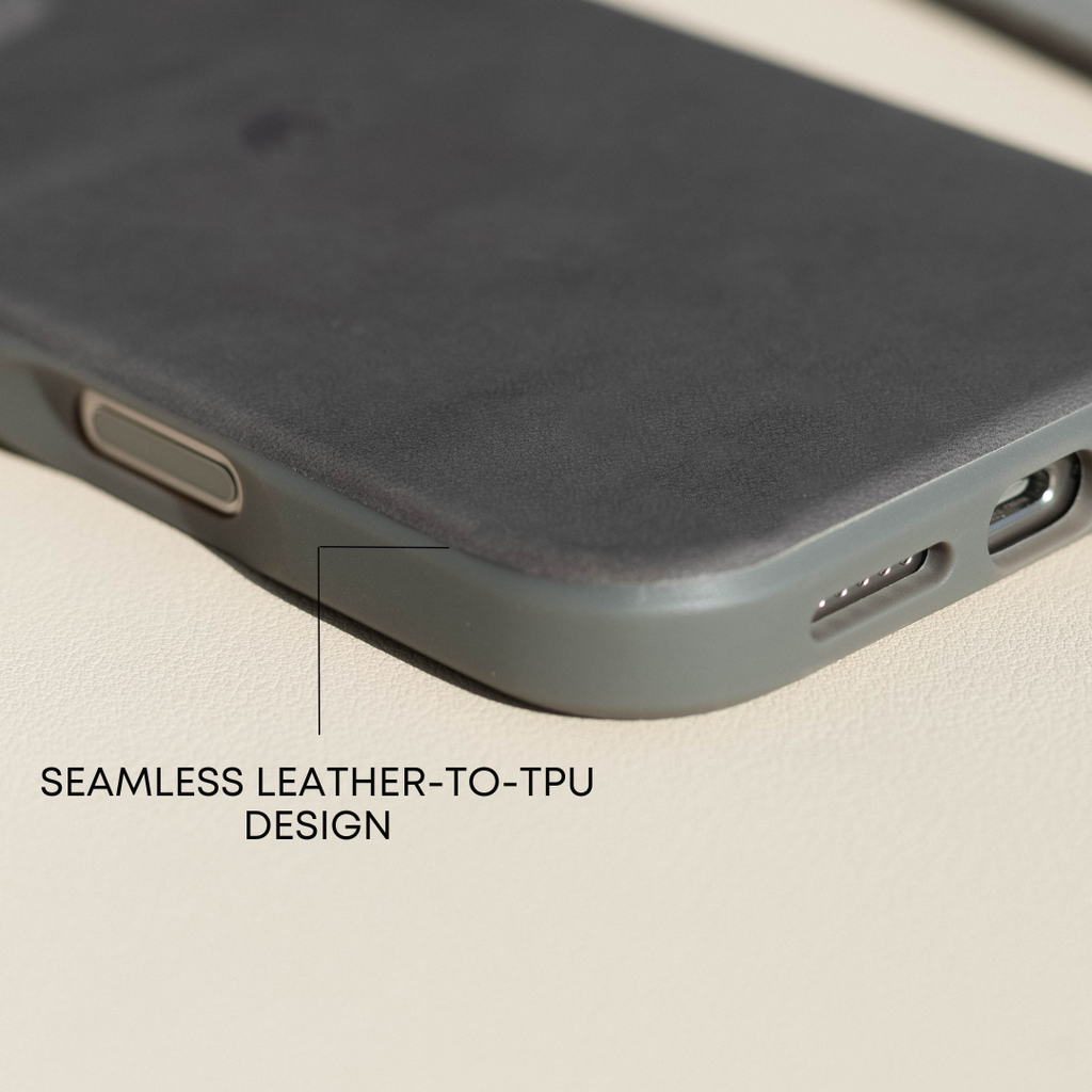 Phone case corner with port cutouts and visible text 'SEAMLESS LEATHER-TO-TPU DESIGN'.