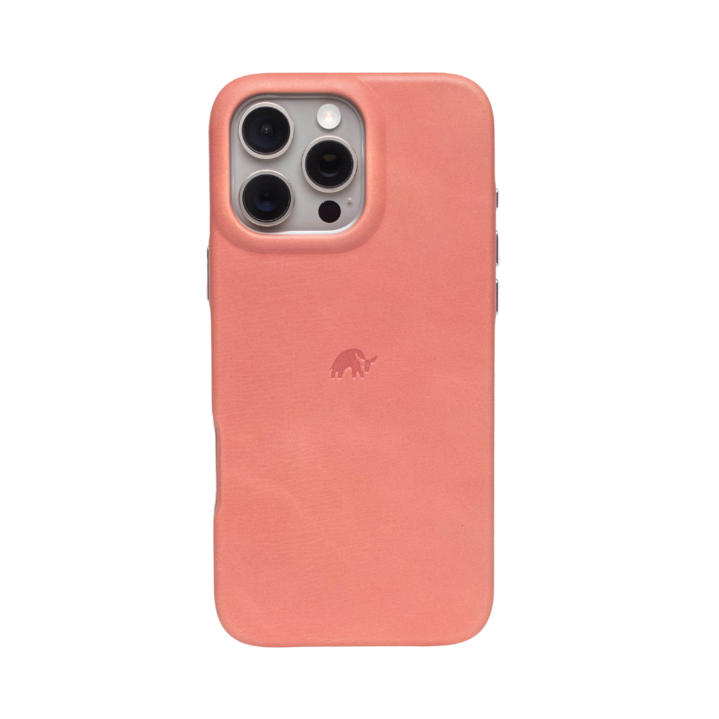 Pink leather iPhone case with a bull logo