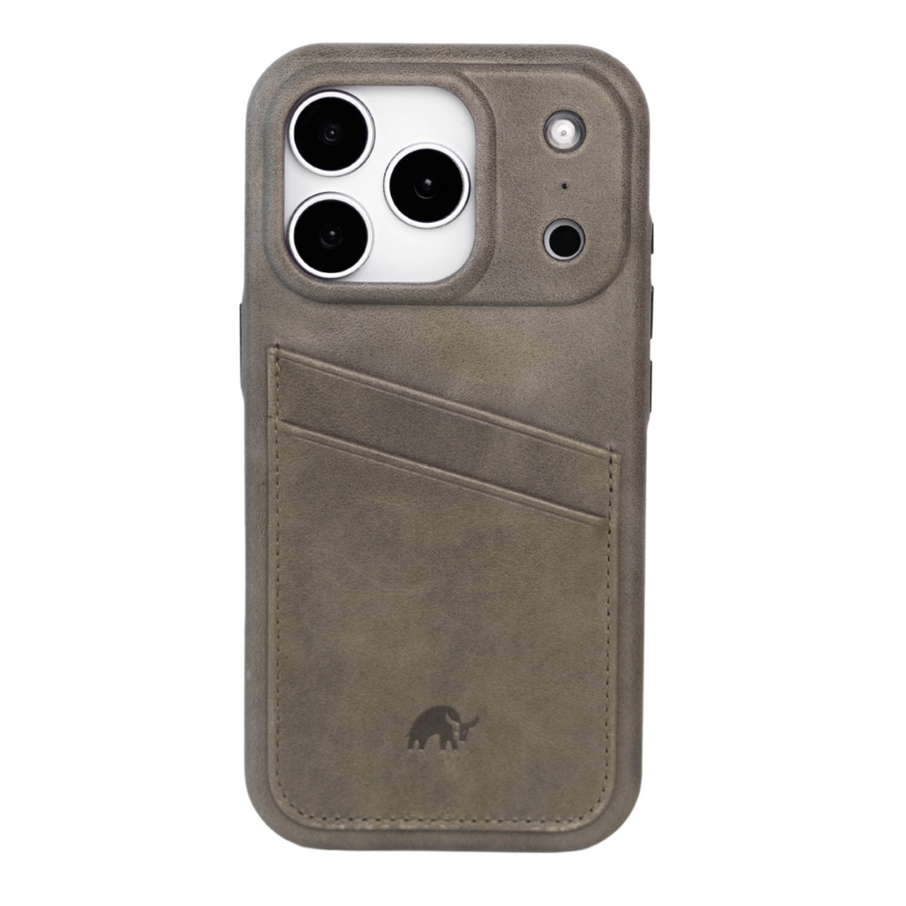 Slate leather phone case with two exterior angled card slots and Bullstrap logo