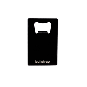 Black bottle opener card with 'bullstrap' text at the bottom