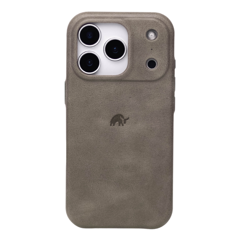 Slate leather phone case with raised camera cutout and small armadillo logo.