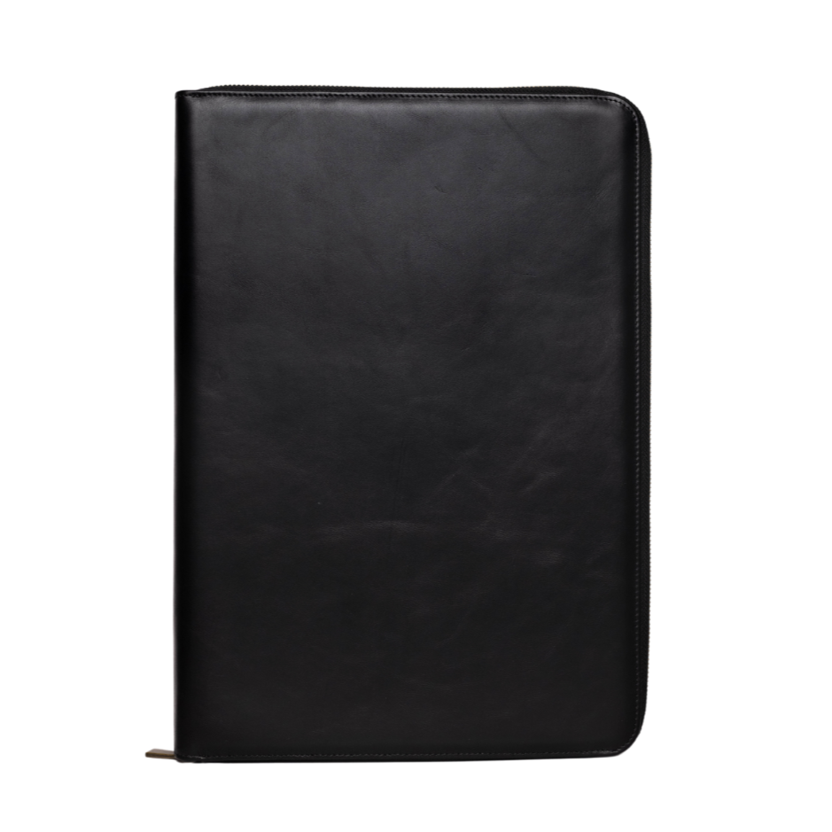 Black leather MacBook sleeve with a sleek design