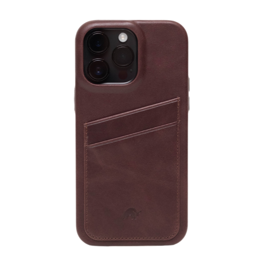 Back view of The Minimalist Portfolio Case (Bourbon) for iPhone 13 showing two diagonal card slots, stitched leather texture, and small embossed elephant logo