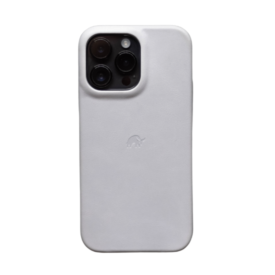 Minimalist white iPhone case with a small logo on the back