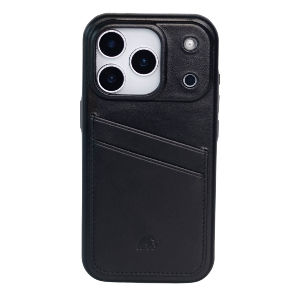 Black leather iPhone case with two angled card slots on back, raised camera surround and small embossed elephant logo
