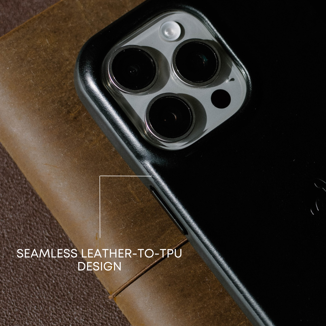 Close-up of the Flex Case in black, showing seamless leather-to-TPU design and camera cutout.