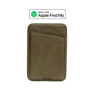Brown leather slim card wallet with embossed Bullstrap logo; badge reading 'Works with Apple Find My' above it