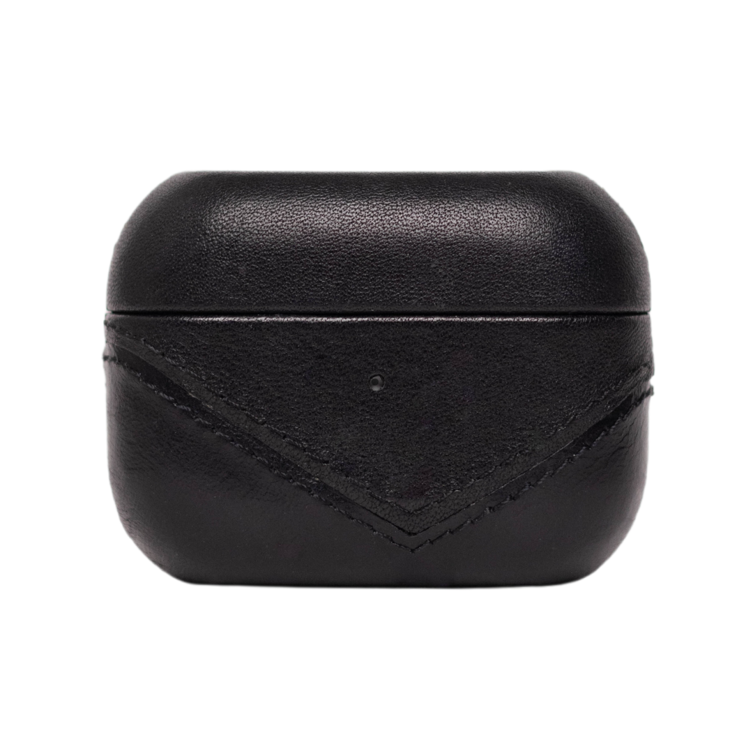 Black leather AirPods case with a stitched design