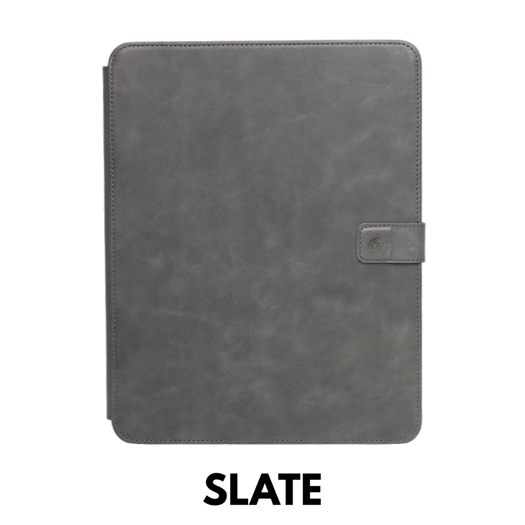 Slate leather iPad case, closed front view with strap latch and small embossed logo — SLATE