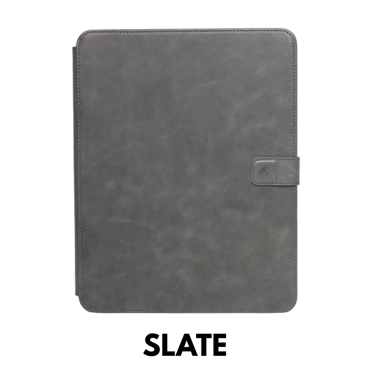 Slate leather iPad case, closed front view with strap latch and small embossed logo — SLATE