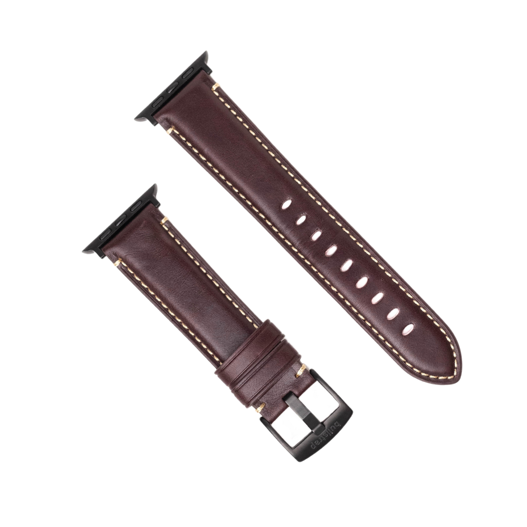 Leather Apple Watch Strap in Bourbon color, showing the strap and buckle