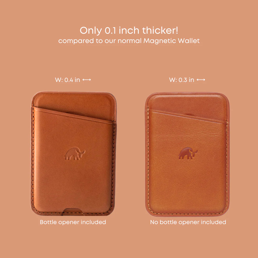 Comparison of two wallets showing thickness: 0.4 in with bottle opener and 0.3 in without bottle opener.