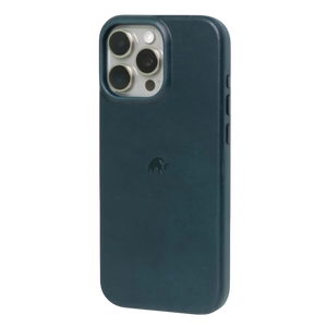 Rear three-quarter view of The Flex Case in Ocean showing embossed logo, raised camera lip, leather exterior on white