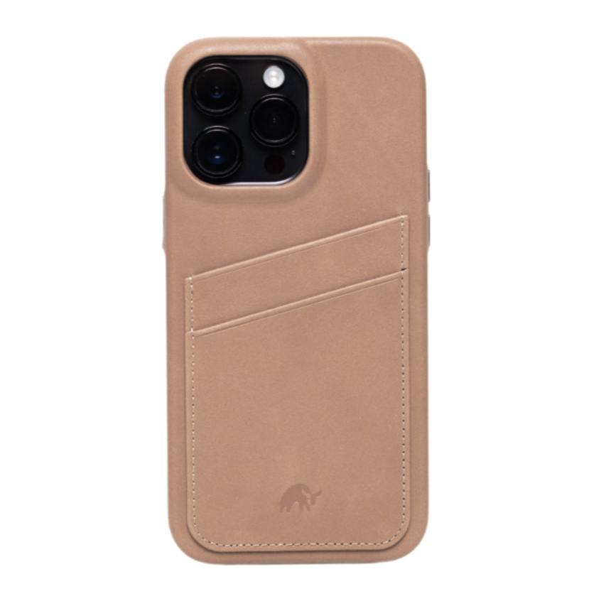 Back view of The Minimalist Portfolio Case in Dune showing two-card pocket and camera cutout on white