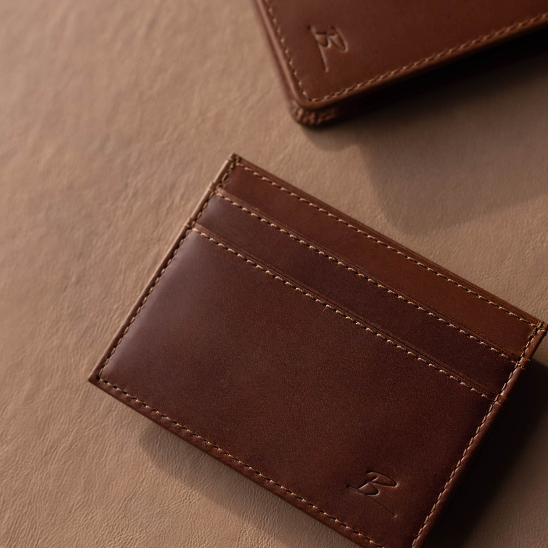 Bullstrap Reserve - The Dealer Money Clip & Card Holder in Cognac leather with multiple card slots and a money clip.