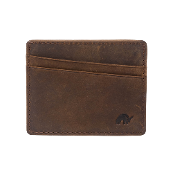 Brown leather card holder with multiple slots and a bull logo