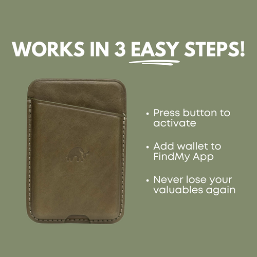 Leather NavSafe Wallet with instructions: Press button to activate, Add wallet to FindMy App, Never lose your valuables again