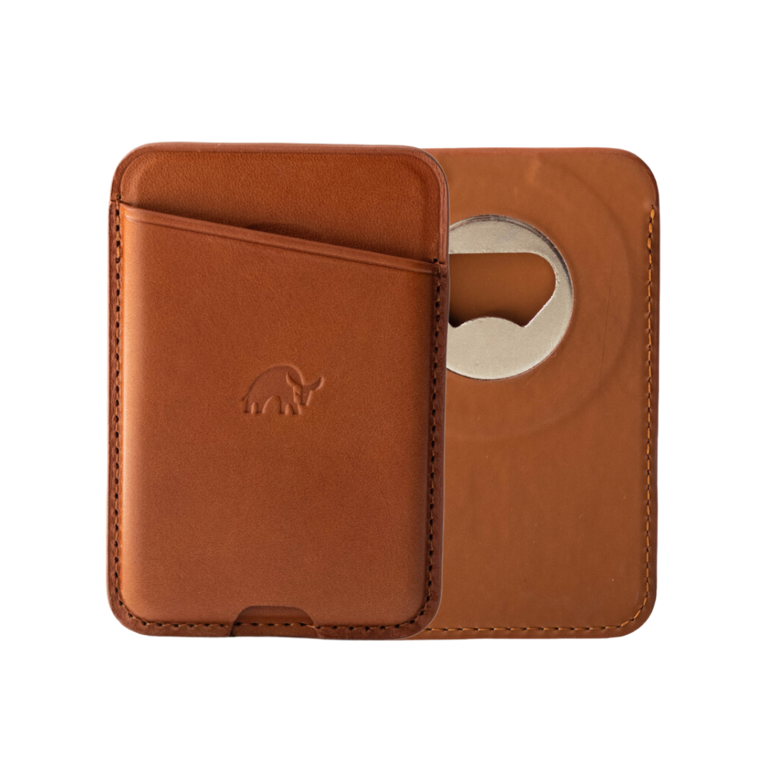 Leather Magnetic Wallet in Sienna color with a popper closure and card slot