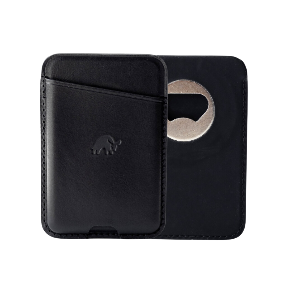 Black leather magnetic wallet with a popper closure and card slot