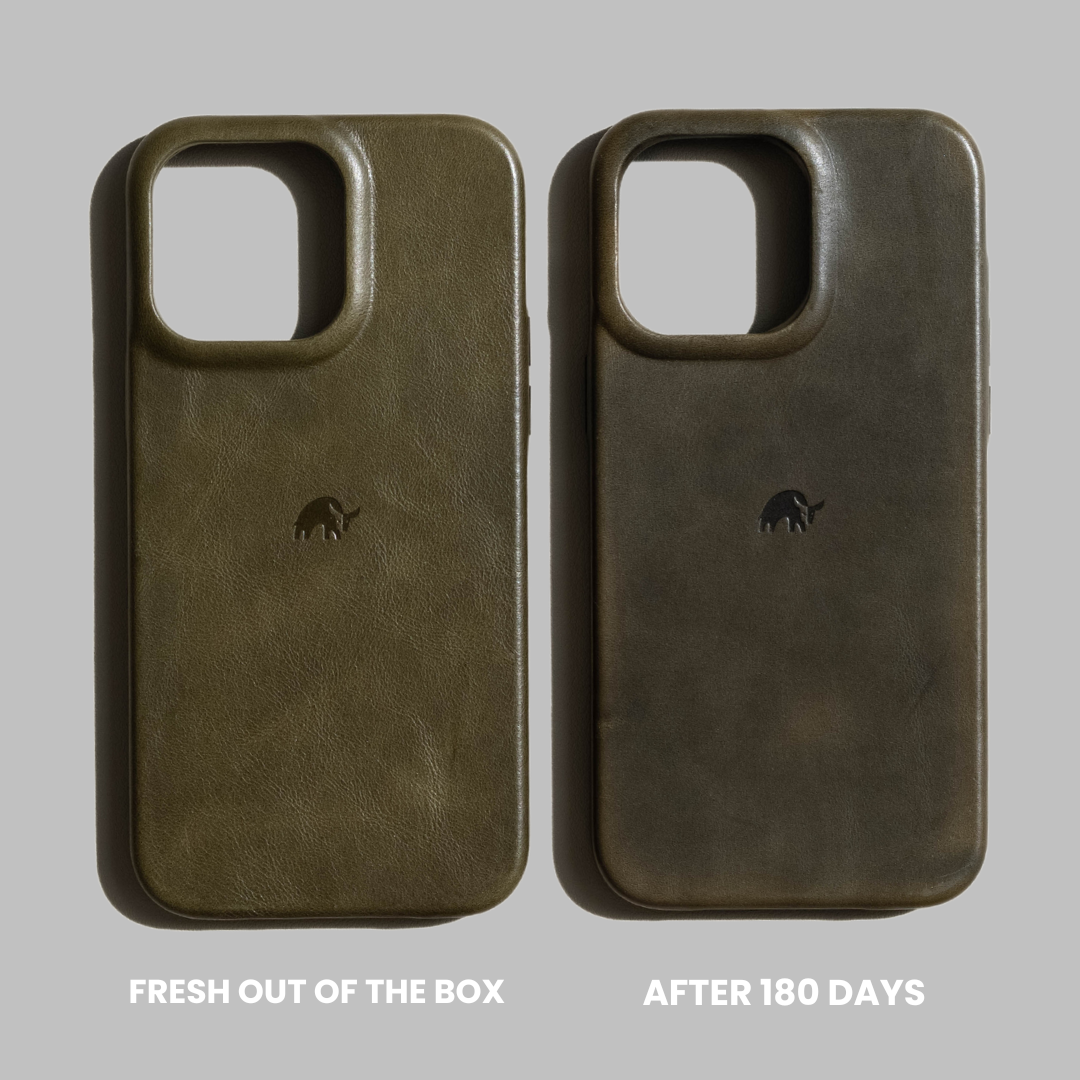 Two leather phone cases side-by-side showing patina change; left labeled FRESH OUT OF THE BOX, right labeled AFTER 180 DAYS