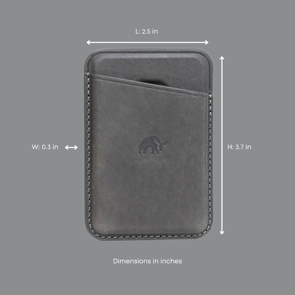 Leather Magnetic Wallet in Slate color with dimensions L: 2.5 in, W: 0.3 in, H: 3.7 in.