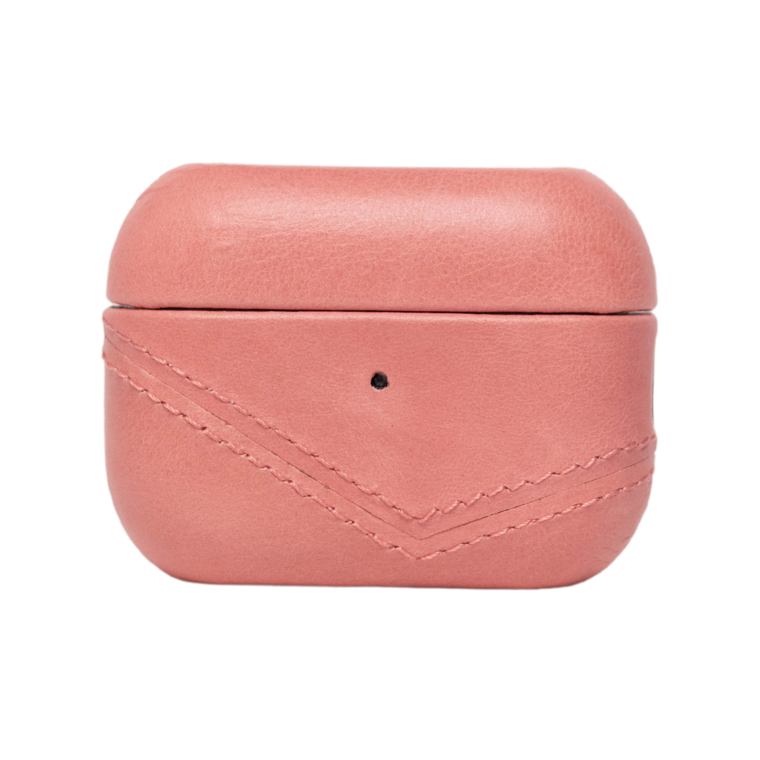 Pink leather AirPods case with stitched design