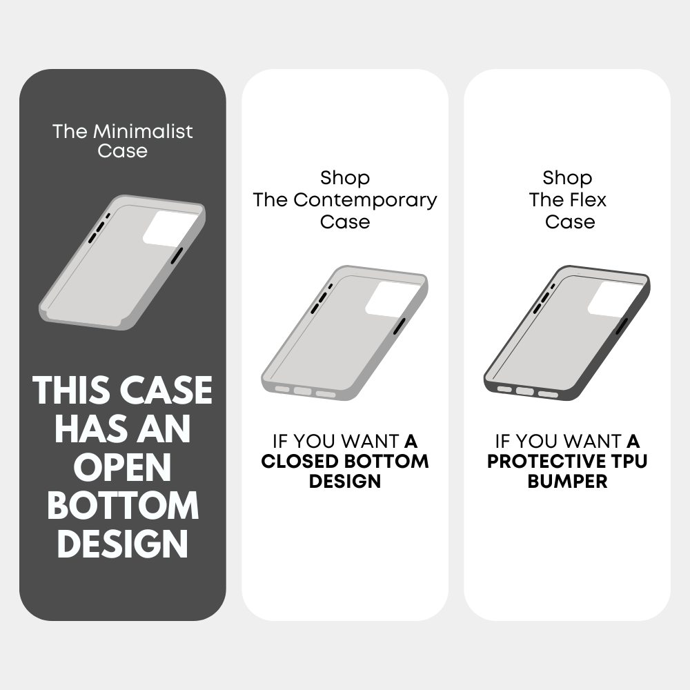 Three phone-case panels: Minimalist — open bottom; Contemporary — closed bottom; Flex — protective TPU bumper.