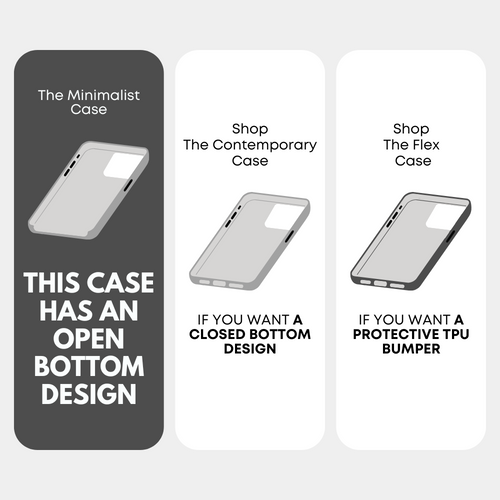 Three phone-case panels comparing The Minimalist Case (open bottom), The Contemporary Case (closed bottom), and The Flex Case (protective TPU bumper).