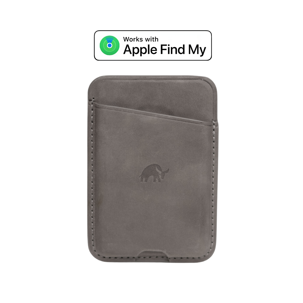 Leather card wallet with embossed Bullstrap logo; badge reads 'Works with Apple Find My'.