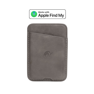 Leather card wallet with embossed Bullstrap logo; badge reads 'Works with Apple Find My'.