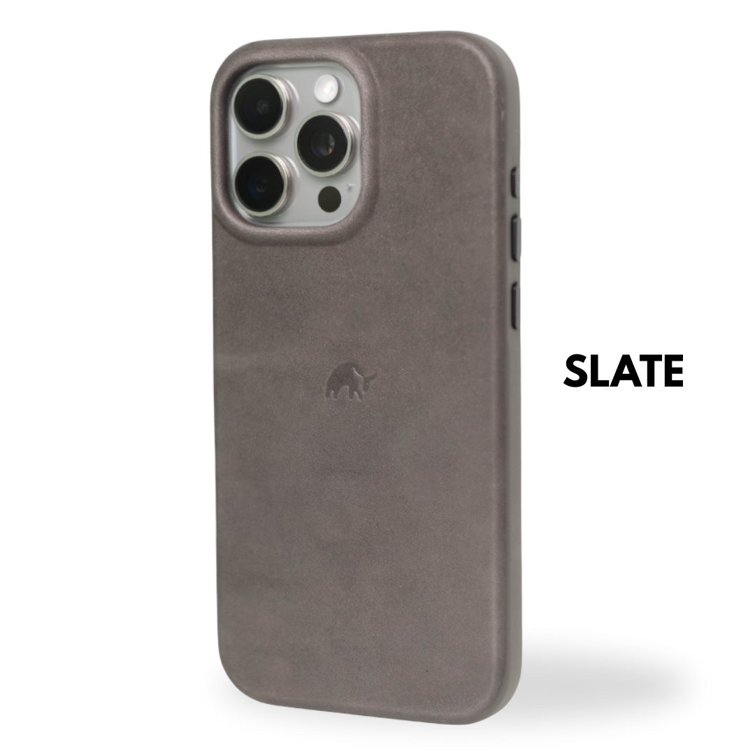 Flex Case in slate color with raised camera cutout and embossed rhino logo — SLATE