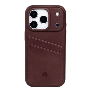 Back view of The Minimalist Portfolio iPhone case showcasing two card slots and full-grain bourbon leather on white background