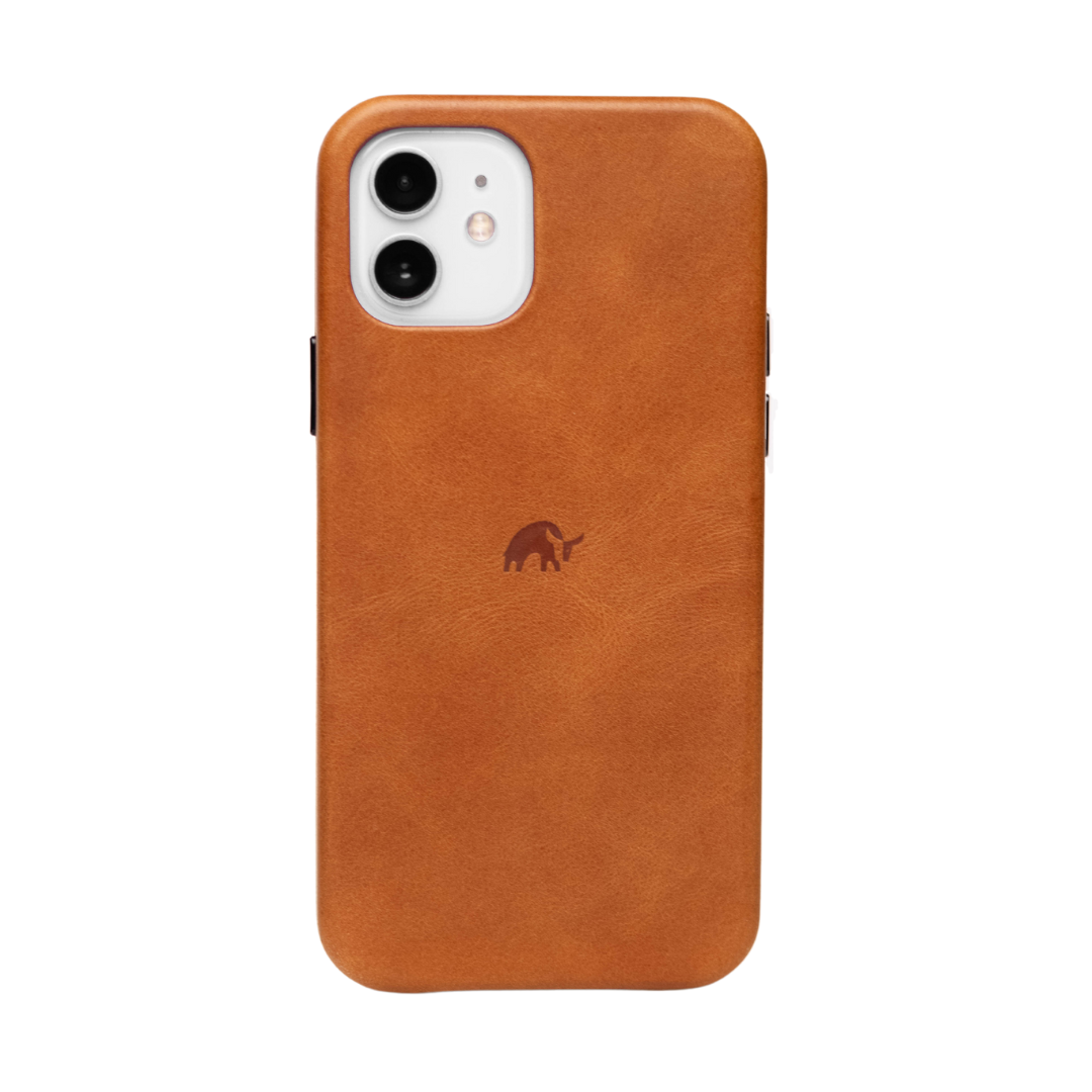 Tan leather iPhone case with small embossed elephant logo centered on back