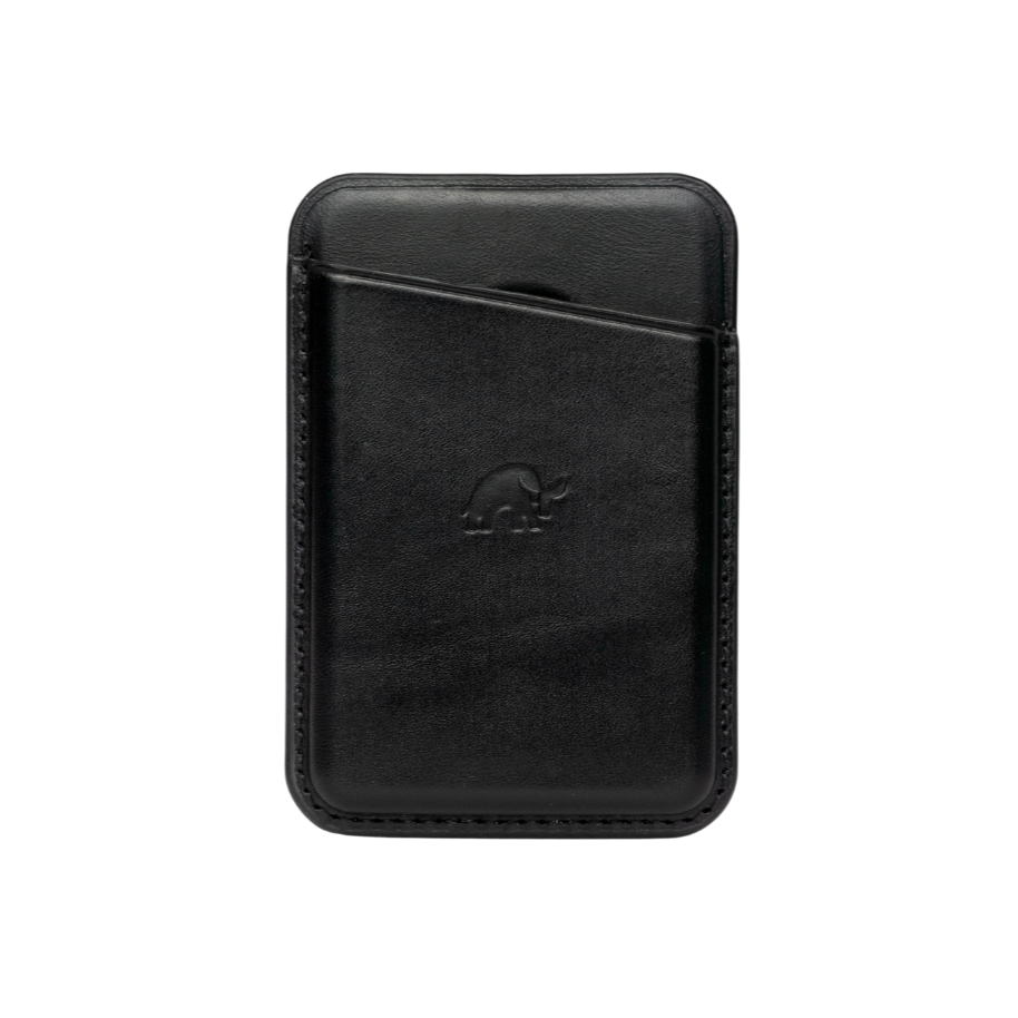Black leather magnetic wallet with a card slot and embossed logo