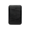 Black leather magnetic wallet with a card slot and embossed logo