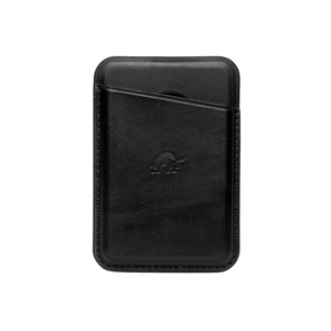 Black leather magnetic wallet with a card slot and embossed logo