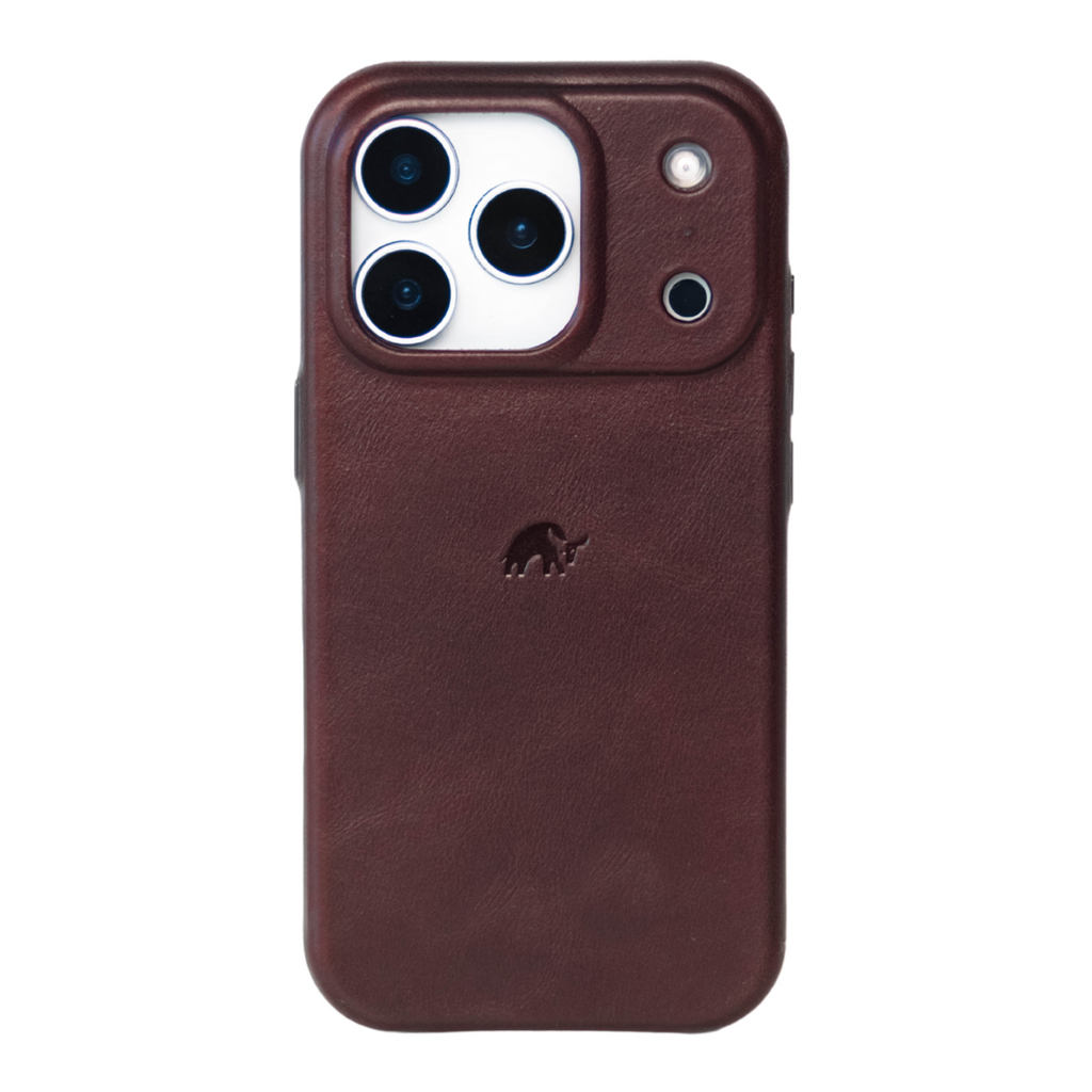 Bourbon brown leather iPhone case with raised camera housing and Bullstrap logo