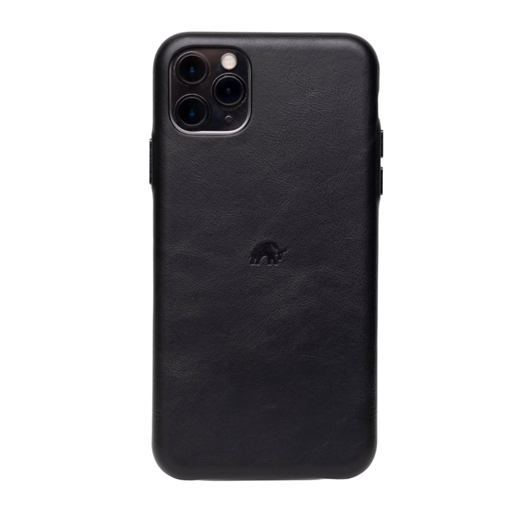 Black leather iPhone case with camera cutout and embossed logo