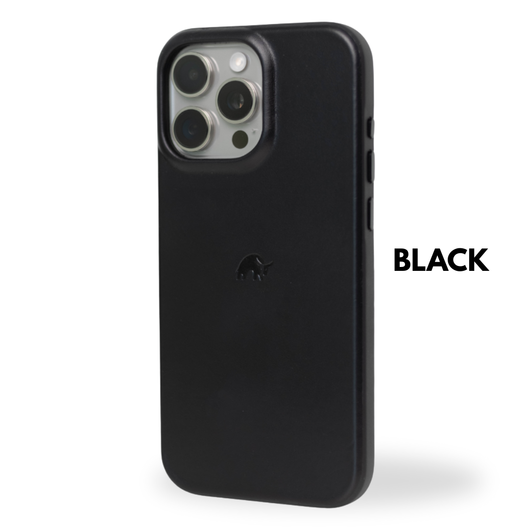 Black Flex Case with raised camera cutout and embossed rhino logo; visible text: BLACK