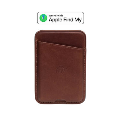 Brown leather magnetic card wallet with embossed Bullstrap logo and front slot; badge above reads 'Works with Apple Find My'