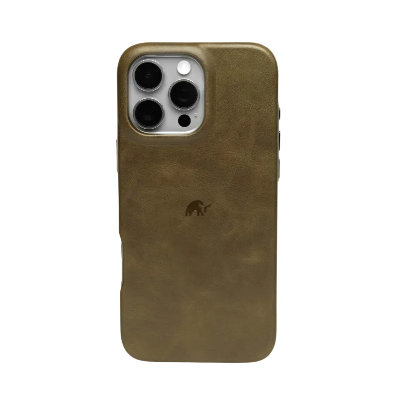 Green phone case with a brand logo on a white background