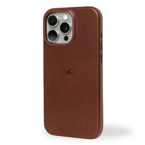 Brown phone case with a brand logo on a white background