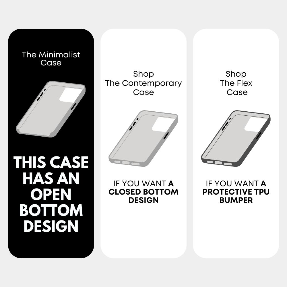 Three-panel comparison of phone cases: Minimalist (open bottom), Contemporary (closed bottom), Flex (protective TPU bumper)