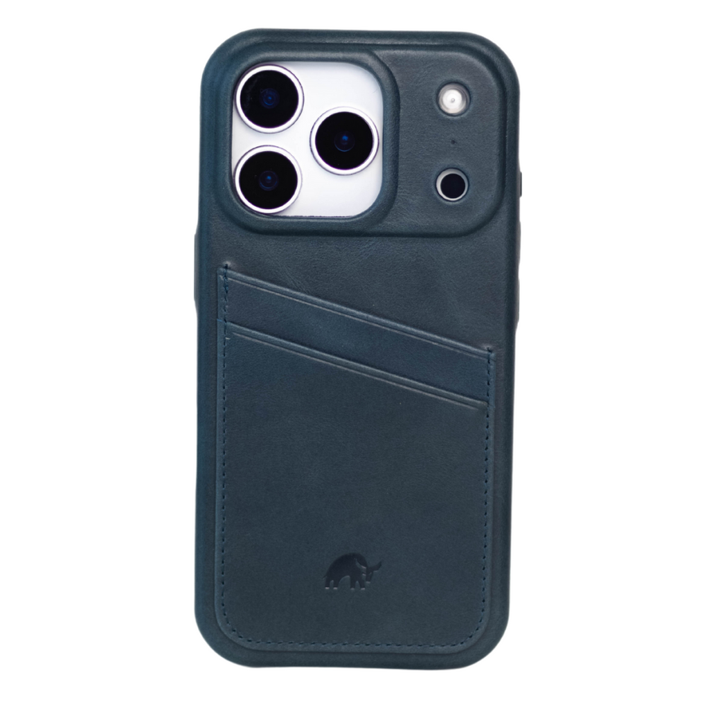 Dark teal leather iPhone case with two diagonal card slots and raised camera cutout, embossed rhino logo