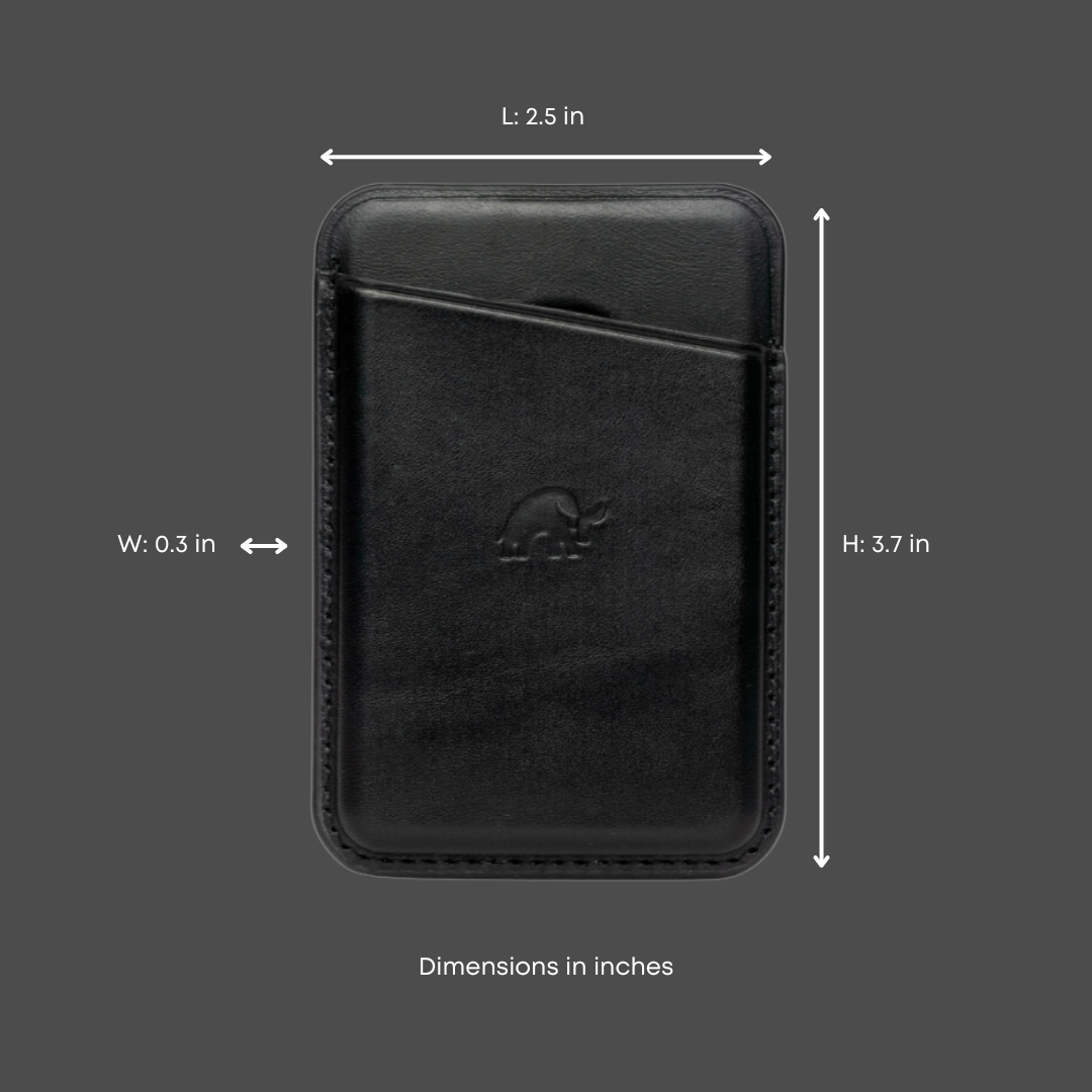Black leather magnetic wallet with embossed logo, showing L: 2.5 in W: 0.3 in H: 3.7 in Dimensions in inches