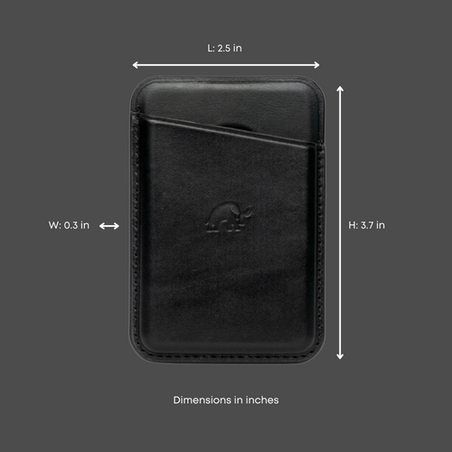 Black leather magnetic wallet with embossed logo, showing L: 2.5 in W: 0.3 in H: 3.7 in Dimensions in inches