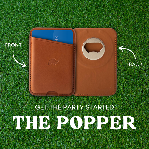 Leather MagSafe wallet with bottle-opener; arrows labeled FRONT and BACK; GET THE PARTY STARTED; THE POPPER; 93