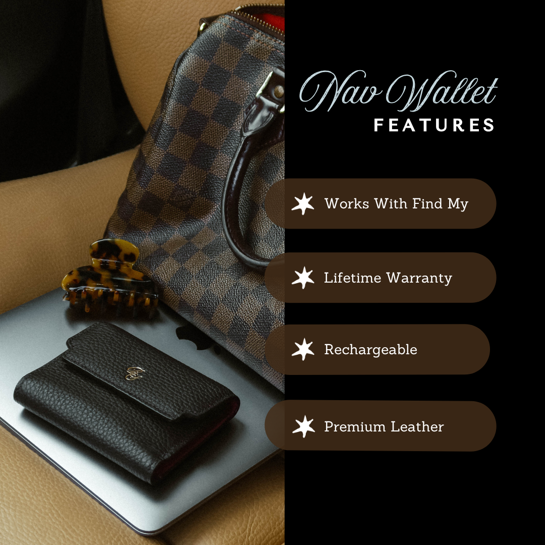 Black trifold wallet; text: Nav Wallet FEATURES — Works With Find My; Lifetime Warranty; Rechargeable; Premium Leather