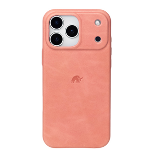 Minimalist leather iPhone case in coral (South Beach) with embossed elephant logo and camera cutout