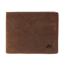 Brown bifold wallet with a bull logo